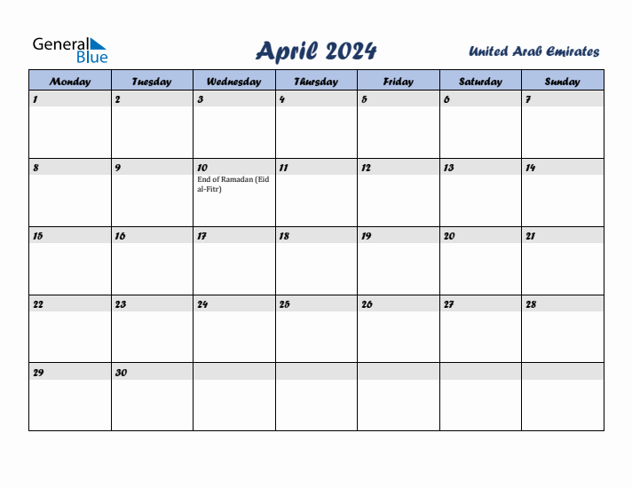 April 2024 Calendar with Holidays in United Arab Emirates