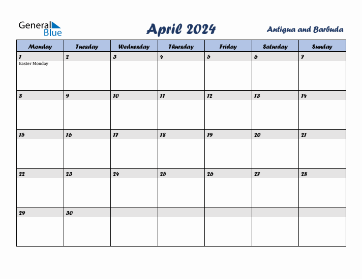 April 2024 Calendar with Holidays in Antigua and Barbuda