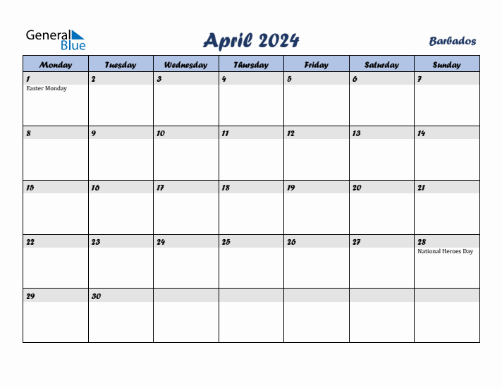 April 2024 Calendar with Holidays in Barbados