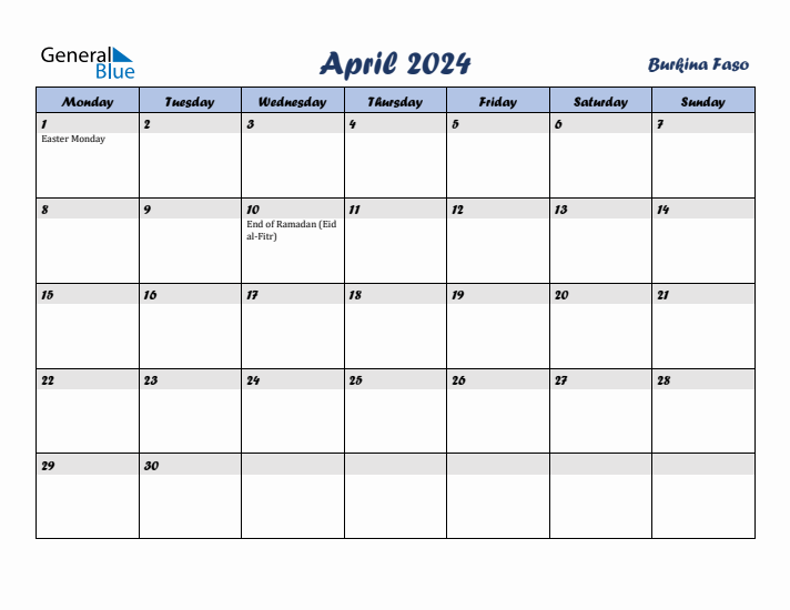 April 2024 Calendar with Holidays in Burkina Faso