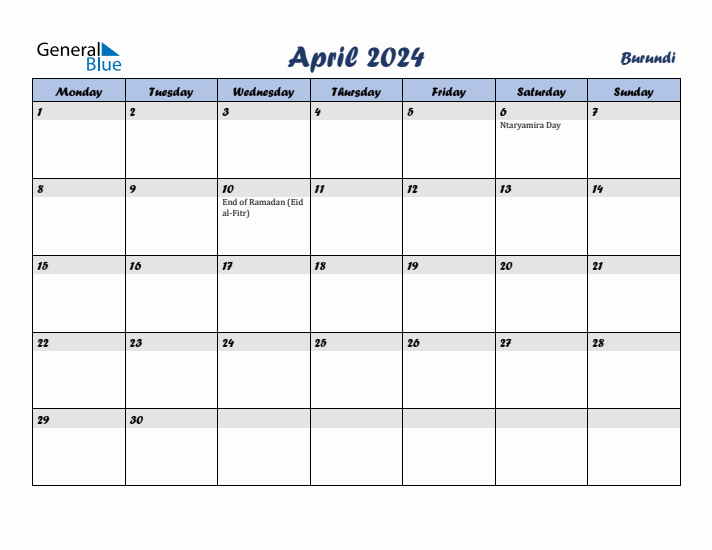 April 2024 Calendar with Holidays in Burundi