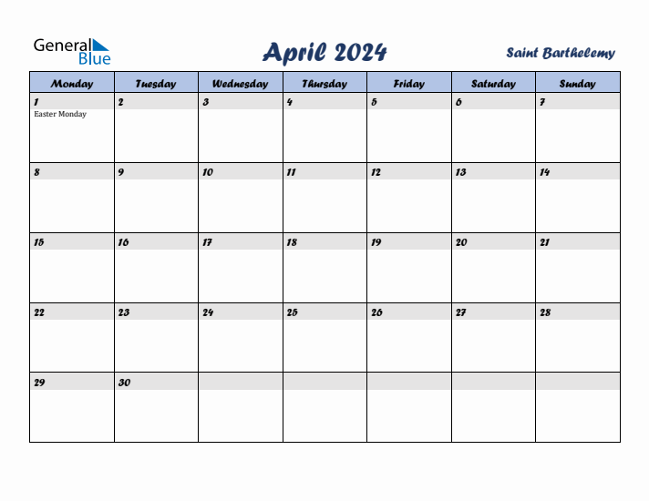 April 2024 Calendar with Holidays in Saint Barthelemy