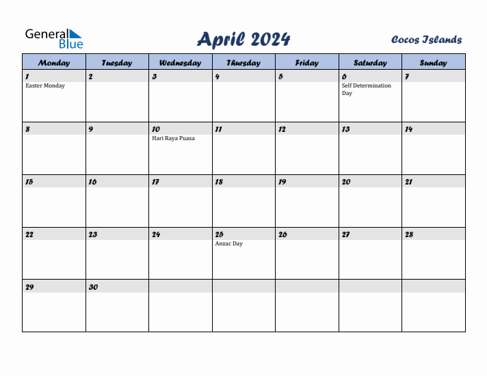 April 2024 Calendar with Holidays in Cocos Islands