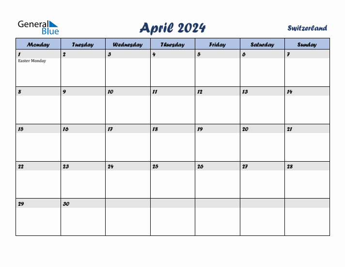April 2024 Calendar with Holidays in Switzerland