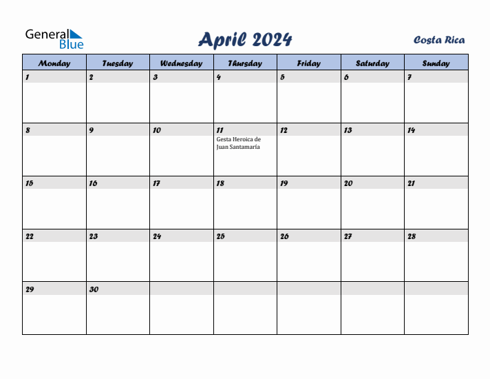 April 2024 Calendar with Holidays in Costa Rica