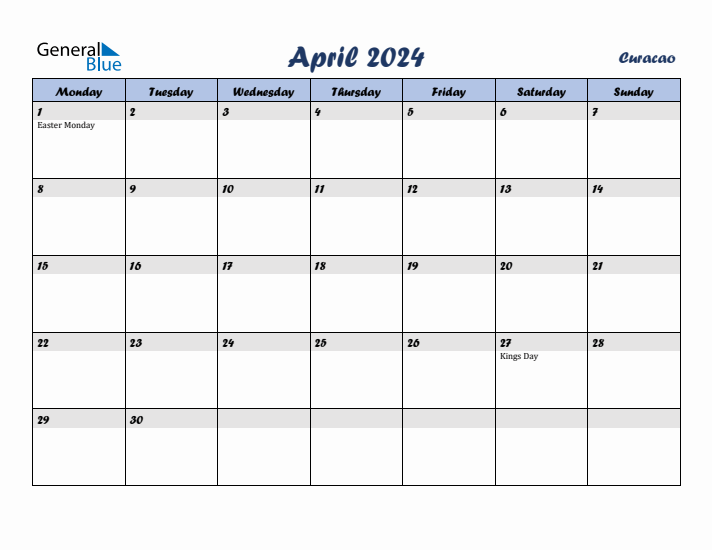 April 2024 Calendar with Holidays in Curacao