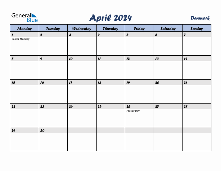 April 2024 Calendar with Holidays in Denmark