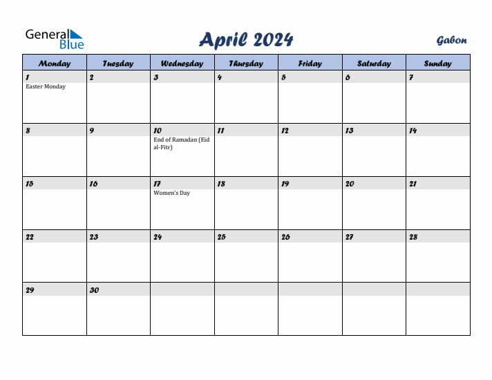 April 2024 Calendar with Holidays in Gabon
