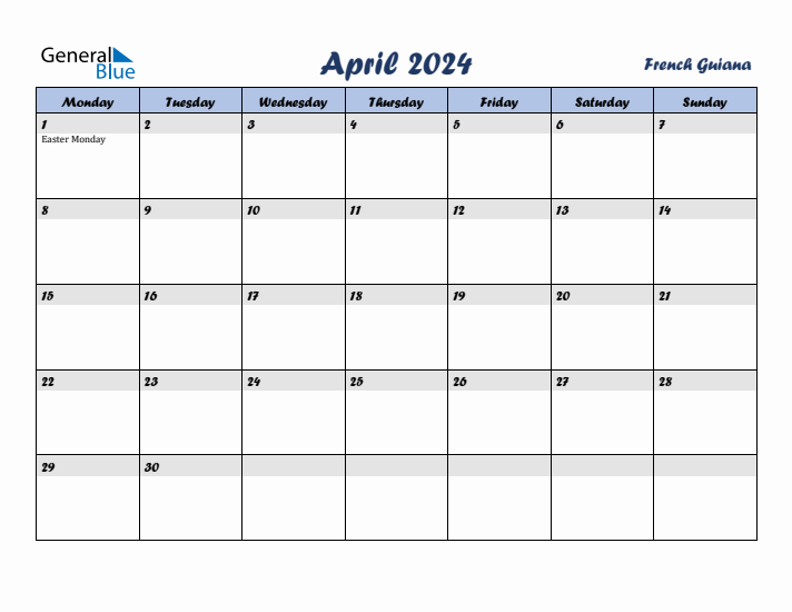 April 2024 Calendar with Holidays in French Guiana