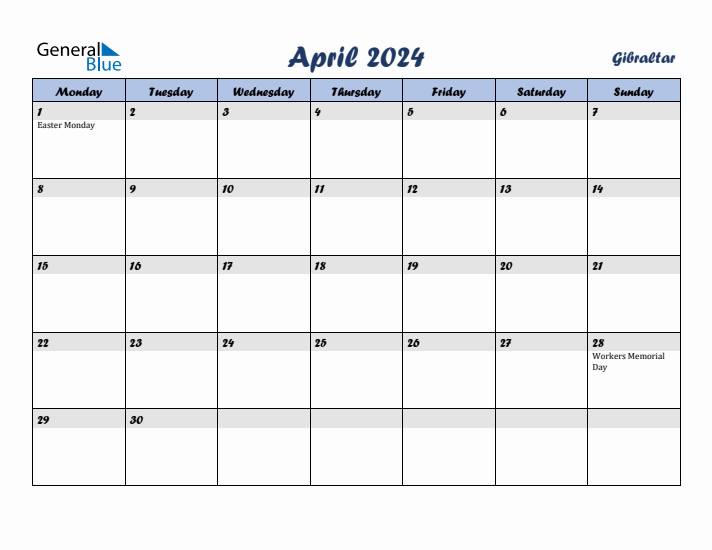 April 2024 Calendar with Holidays in Gibraltar