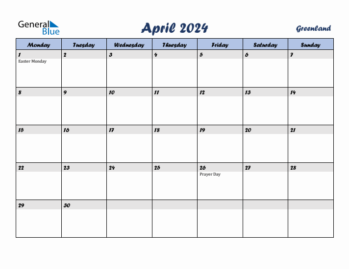 April 2024 Calendar with Holidays in Greenland