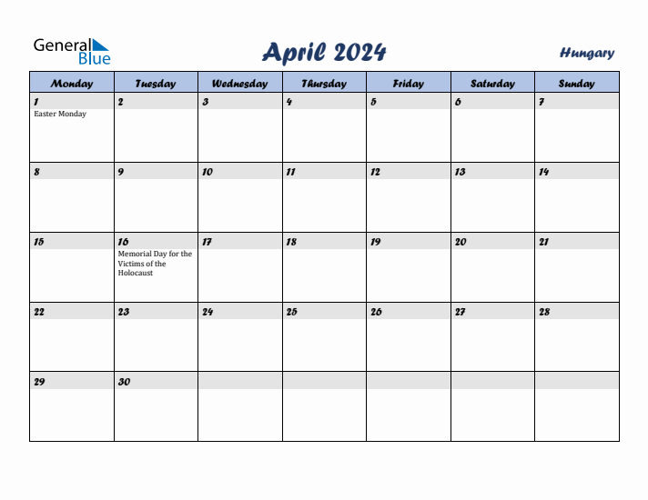 April 2024 Calendar with Holidays in Hungary