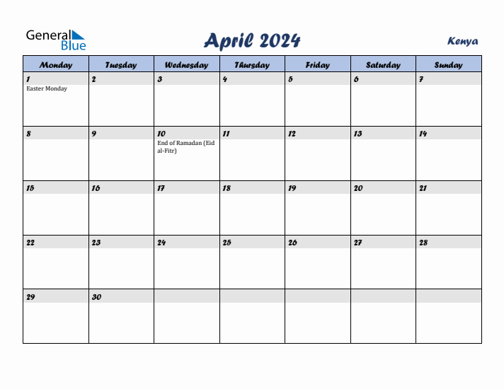 April 2024 Calendar with Holidays in Kenya