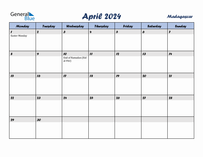 April 2024 Calendar with Holidays in Madagascar
