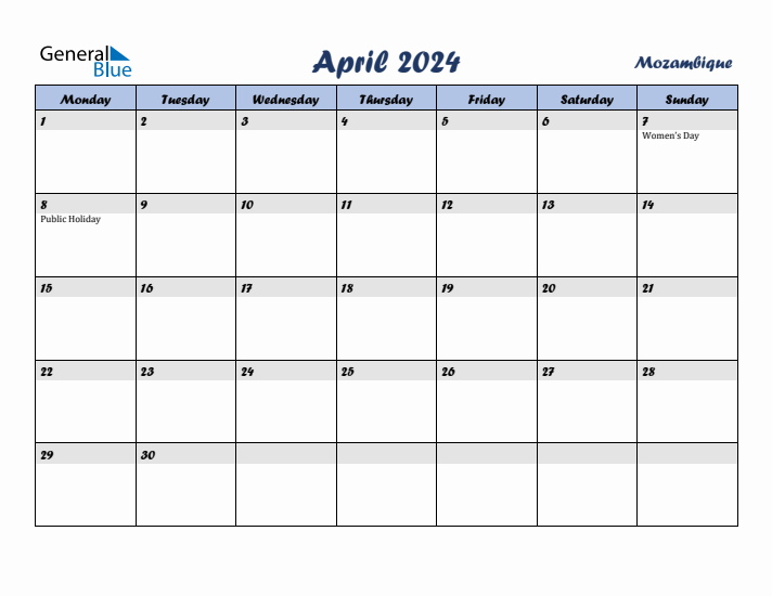 April 2024 Calendar with Holidays in Mozambique