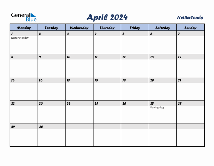 April 2024 Calendar with Holidays in The Netherlands
