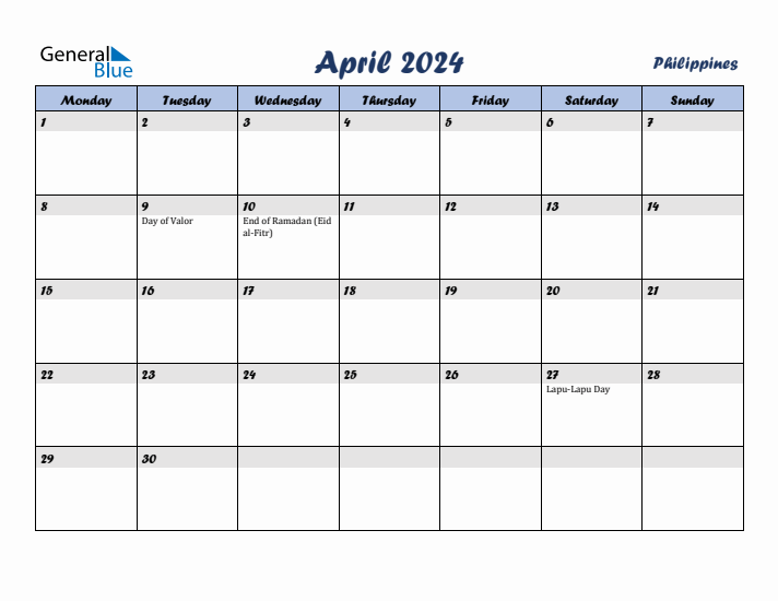 April 2024 Philippines Monthly Calendar with Holidays