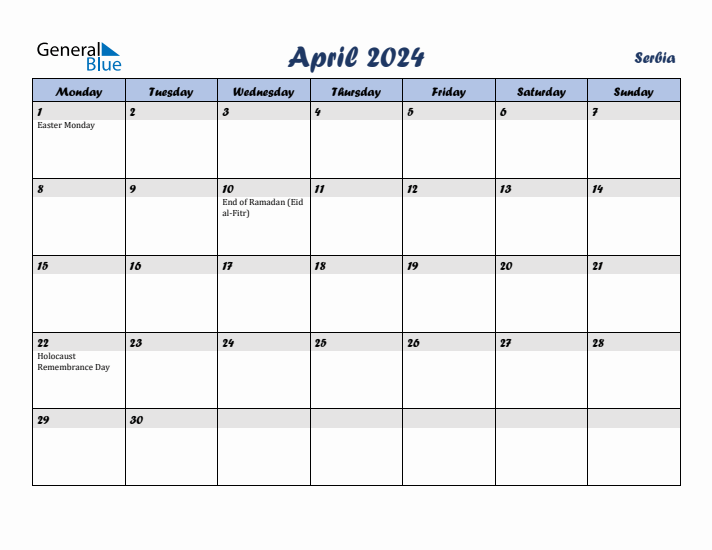 April 2024 Calendar with Holidays in Serbia