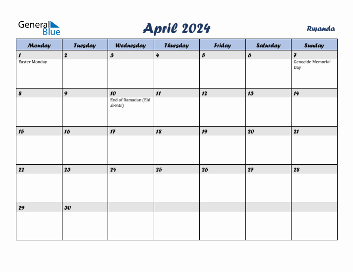 April 2024 Calendar with Holidays in Rwanda