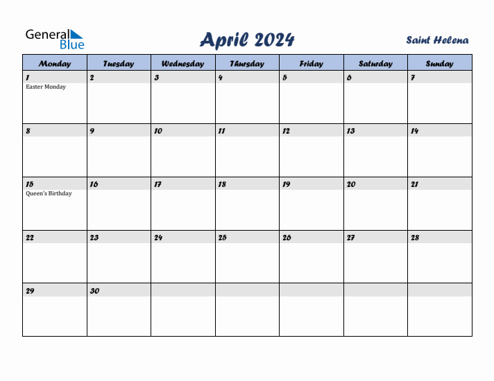 April 2024 Calendar with Holidays in Saint Helena