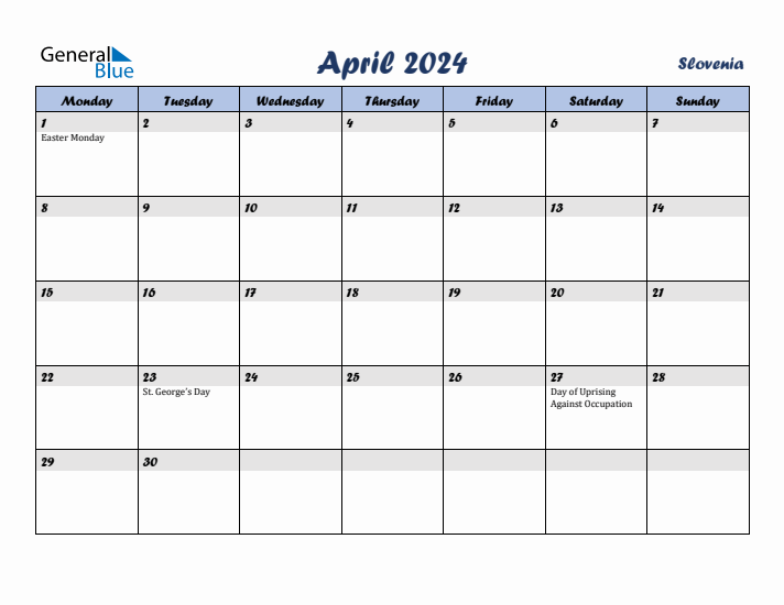 April 2024 Calendar with Holidays in Slovenia