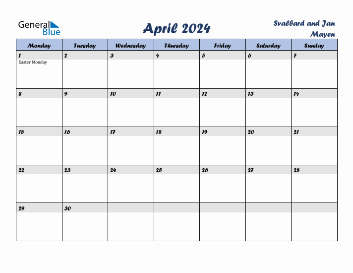 April 2024 Calendar with Holidays in Svalbard and Jan Mayen