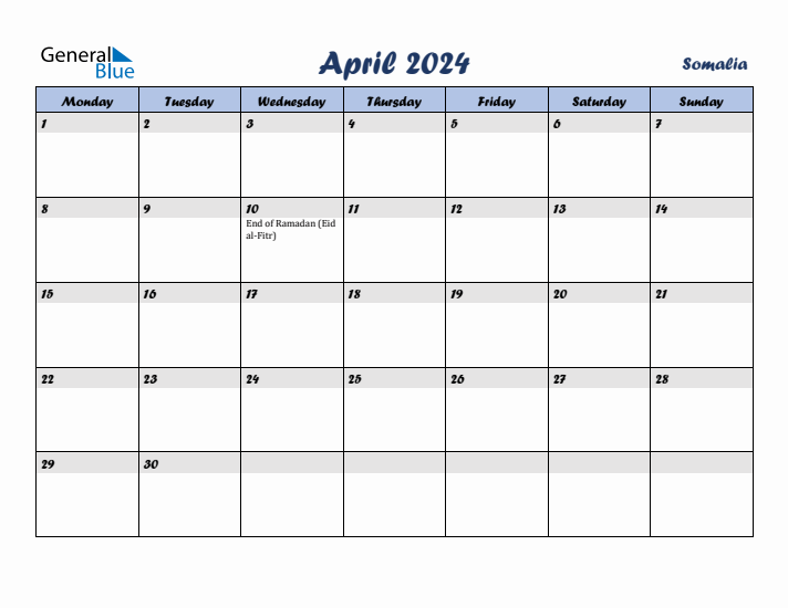 April 2024 Calendar with Holidays in Somalia