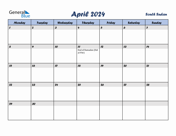 April 2024 Calendar with Holidays in South Sudan