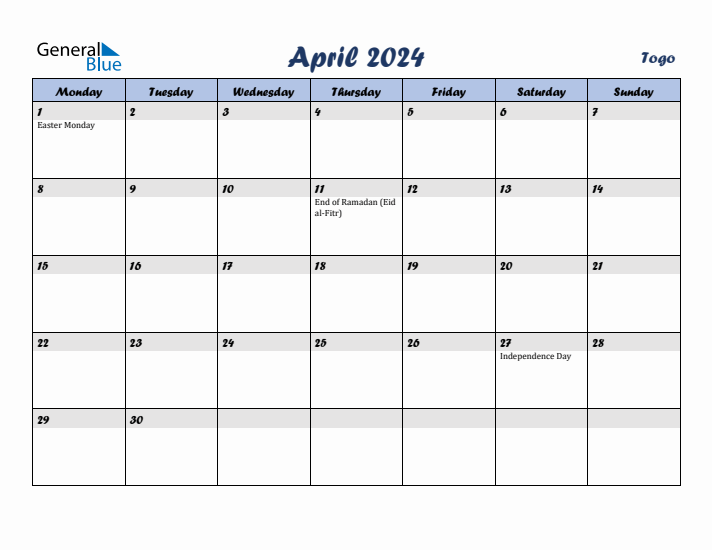 April 2024 Calendar with Holidays in Togo