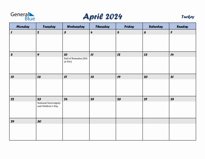 April 2024 Calendar with Holidays in Turkey