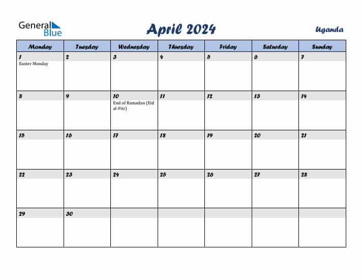 April 2024 Calendar with Holidays in Uganda