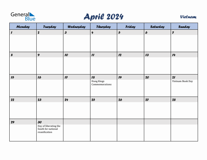 April 2024 Calendar with Holidays in Vietnam