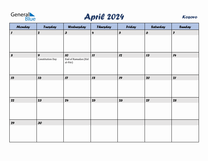 April 2024 Calendar with Holidays in Kosovo