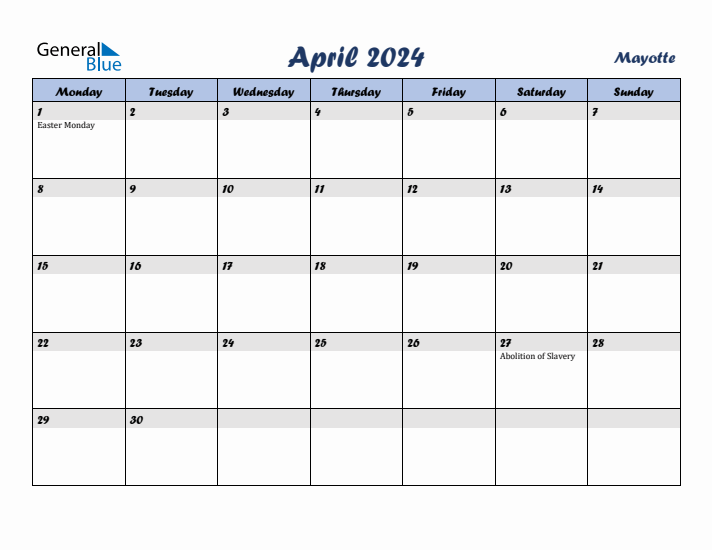 April 2024 Calendar with Holidays in Mayotte