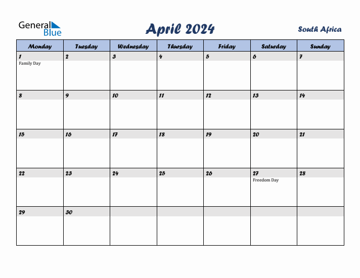 April 2024 Calendar with Holidays in South Africa