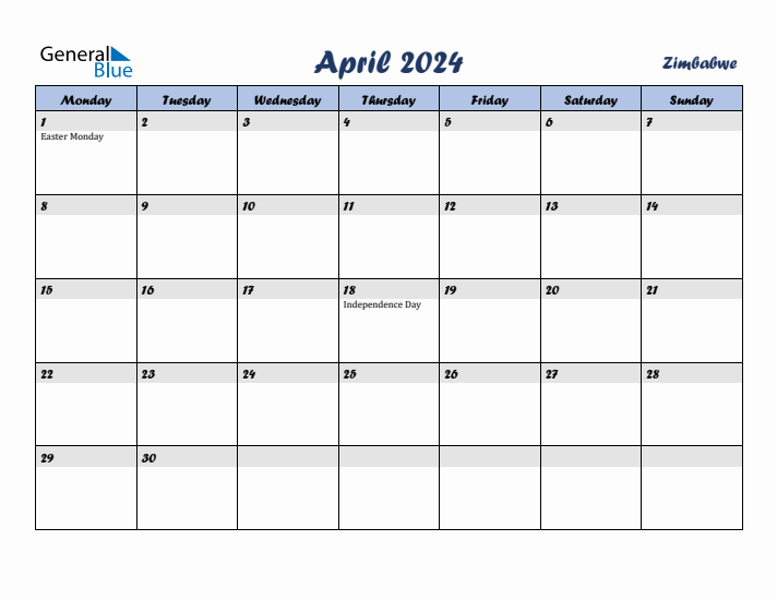 April 2024 Calendar with Holidays in Zimbabwe