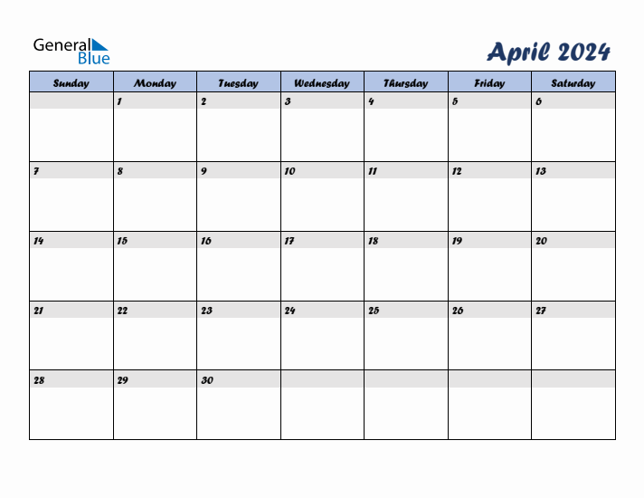 April 2024 Blue Calendar (Sunday Start)