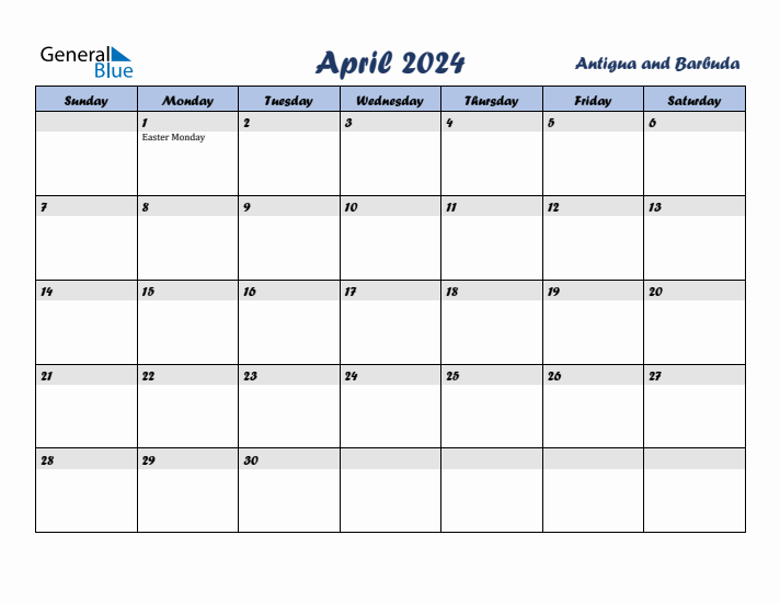 April 2024 Calendar with Holidays in Antigua and Barbuda