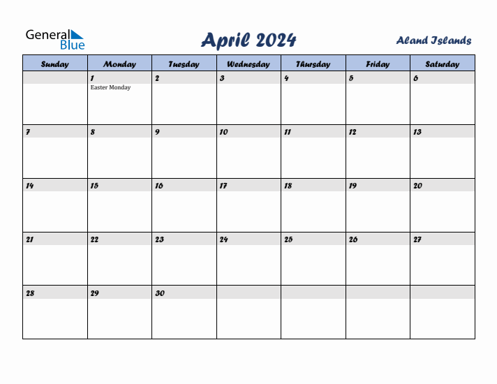 April 2024 Calendar with Holidays in Aland Islands