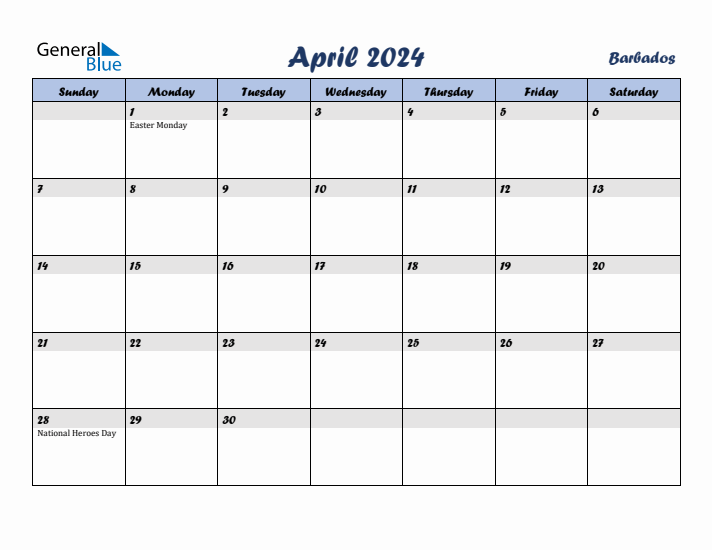 April 2024 Calendar with Holidays in Barbados