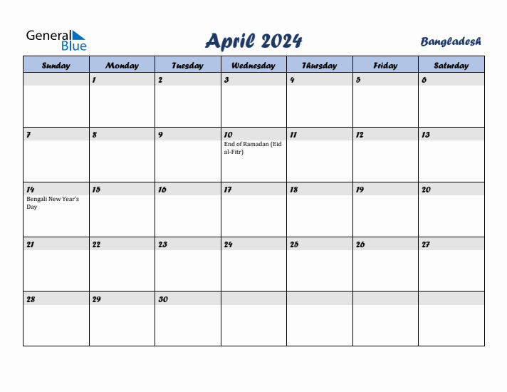 April 2024 Calendar with Holidays in Bangladesh