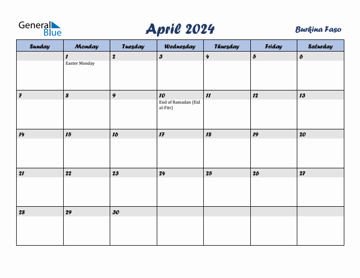 April 2024 Calendar with Holidays in Burkina Faso