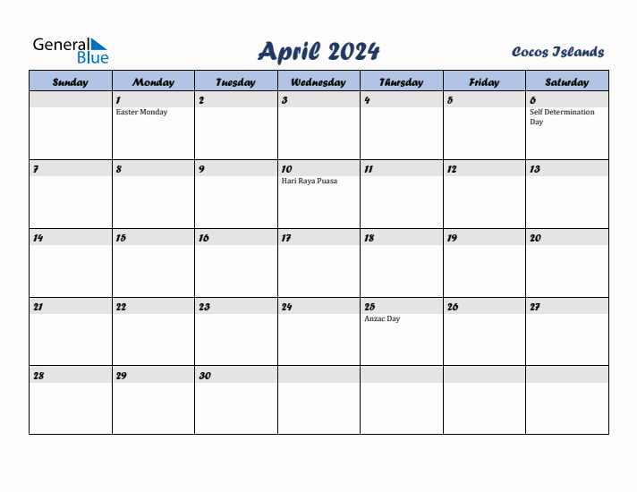 April 2024 Calendar with Holidays in Cocos Islands