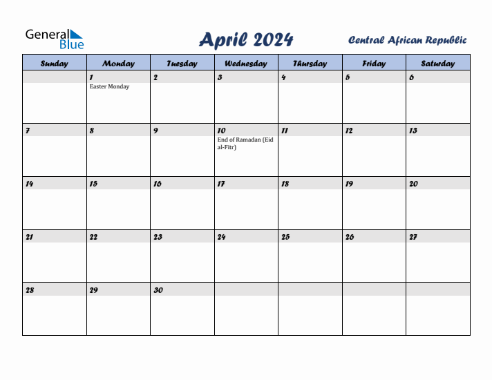 April 2024 Calendar with Holidays in Central African Republic