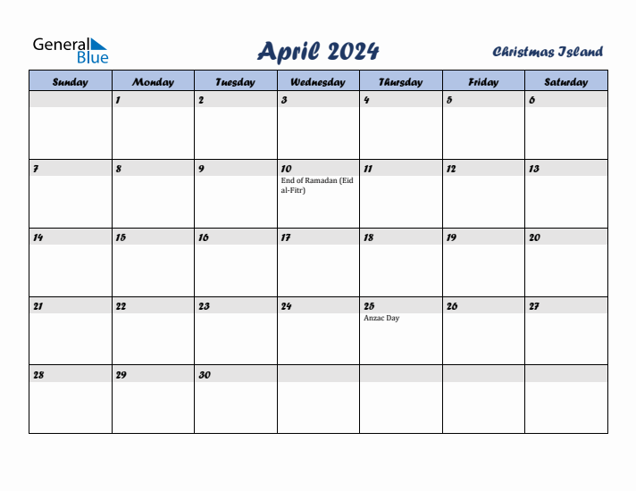 April 2024 Calendar with Holidays in Christmas Island