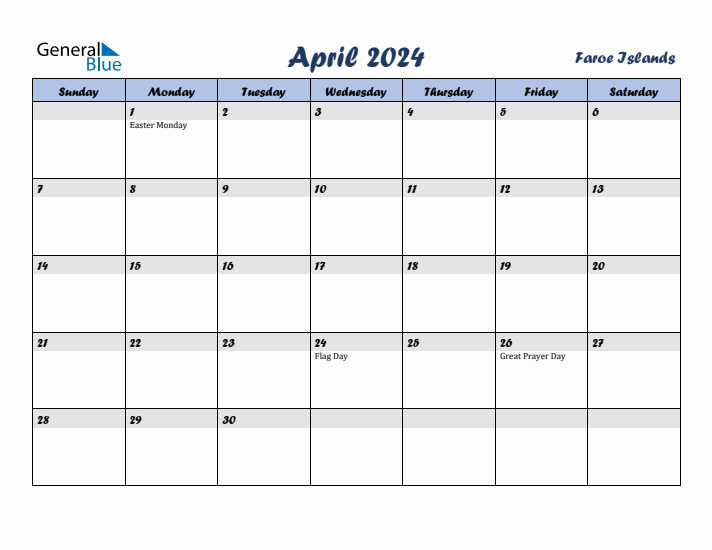 April 2024 Calendar with Holidays in Faroe Islands