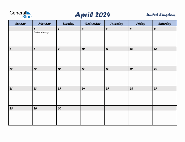 April 2024 Calendar with Holidays in United Kingdom