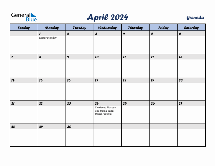 April 2024 Calendar with Holidays in Grenada