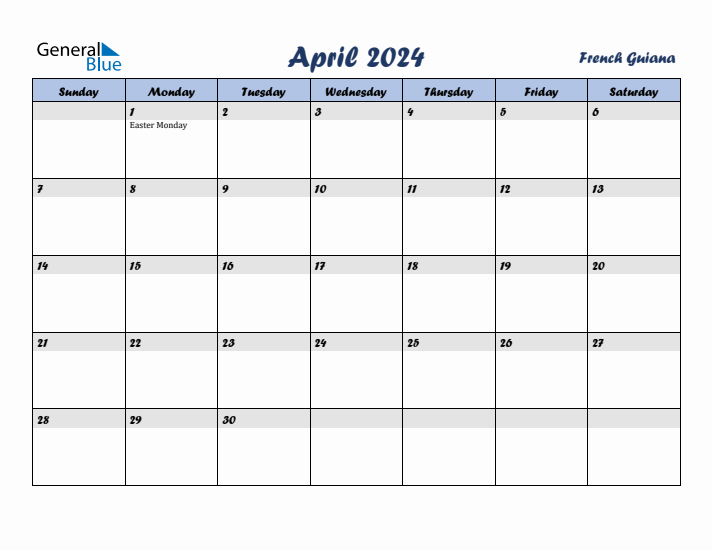 April 2024 Calendar with Holidays in French Guiana