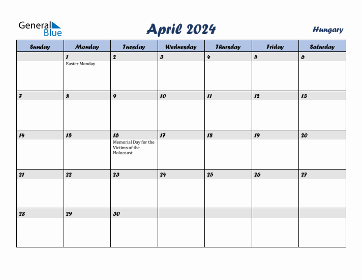 April 2024 Calendar with Holidays in Hungary